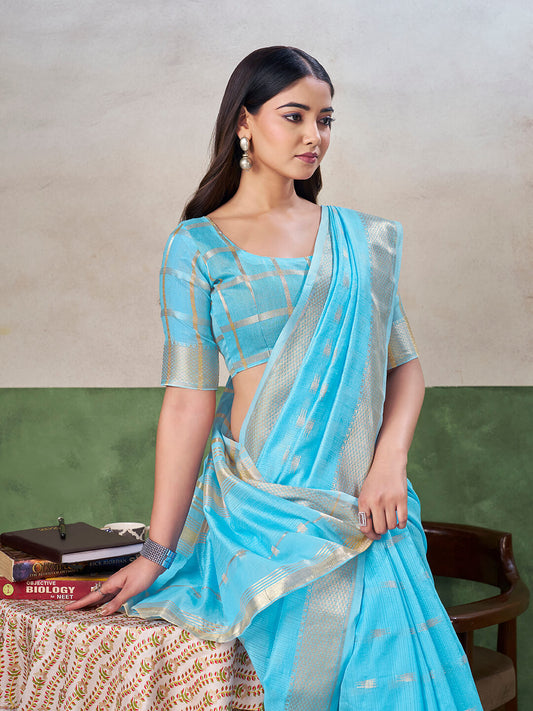 Redolent Firozi Zari Weaving Linen Silk Saree With Divine Blouse Piece
