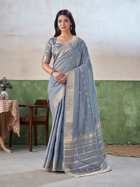Admirable Grey Zari Weaving Linen Silk Saree With Fancifull Blouse Piece