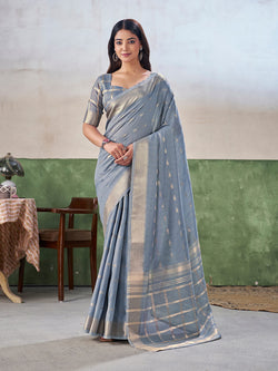 Admirable Grey Zari Weaving Linen Silk Saree With Fancifull Blouse Piece