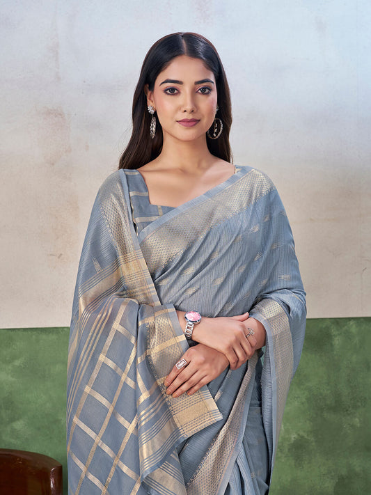 Admirable Grey Zari Weaving Linen Silk Saree With Fancifull Blouse Piece