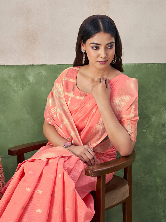 Ratatouille Peach Zari Weaving Linen Silk Saree With Engrossing Blouse Piece