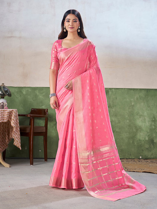 Woebegone Pink Zari Weaving Linen Silk Saree With Beautiful Blouse Piece