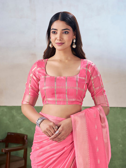 Woebegone Pink Zari Weaving Linen Silk Saree With Beautiful Blouse Piece