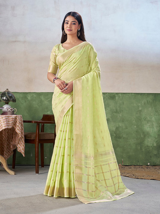 Jazzy Pista Zari Weaving Linen Silk Saree With Beauteous Blouse Piece
