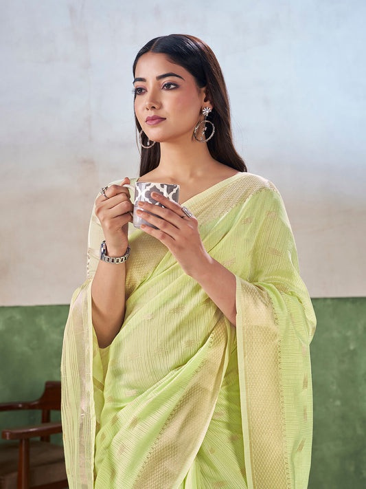 Jazzy Pista Zari Weaving Linen Silk Saree With Beauteous Blouse Piece