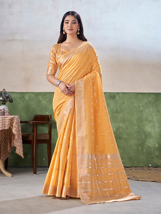 Groovy Yellow Zari Weaving Linen Silk Saree With Seraglio Blouse Piece