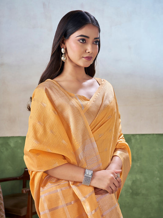 Groovy Yellow Zari Weaving Linen Silk Saree With Seraglio Blouse Piece