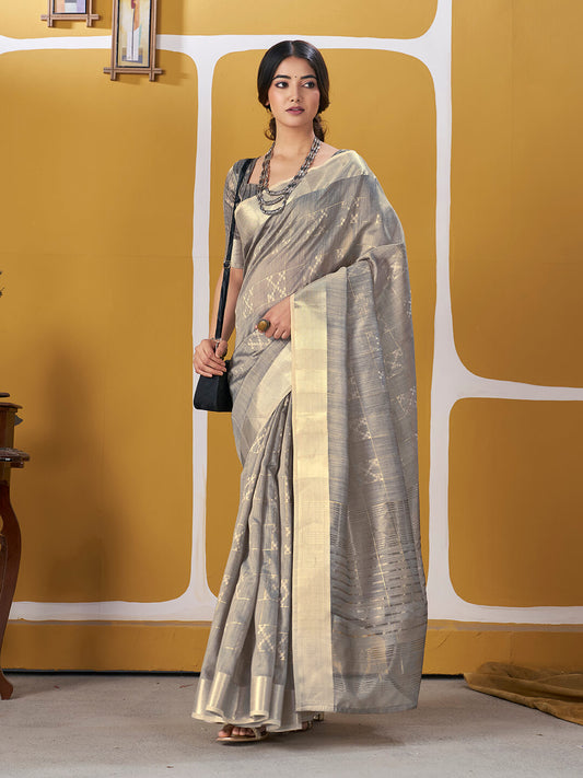 Demesne Grey Zari Weaving Linen Silk Saree With Staggering Blouse Piece