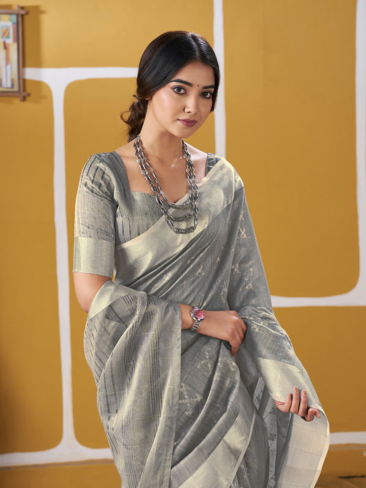 Demesne Grey Zari Weaving Linen Silk Saree With Staggering Blouse Piece