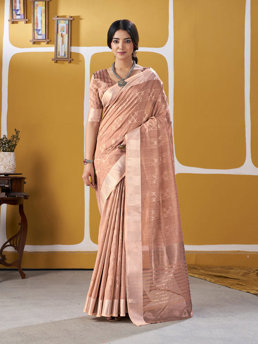Hypnotic Peach Zari Weaving Linen Silk Saree With Gleaming Blouse Piece