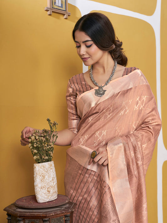 Hypnotic Peach Zari Weaving Linen Silk Saree With Gleaming Blouse Piece