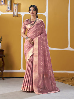 Brood Pink Zari Weaving Linen Silk Saree With Scintilla Blouse Piece