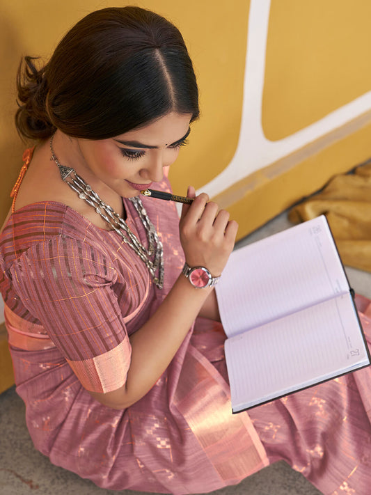 Brood Pink Zari Weaving Linen Silk Saree With Scintilla Blouse Piece