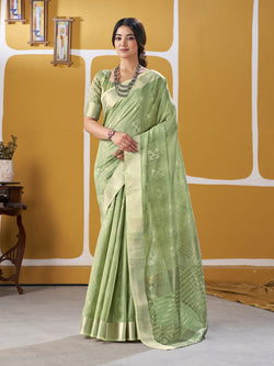 Exquisite Pista Zari Weaving Linen Silk Saree With Susurrous Blouse Piece