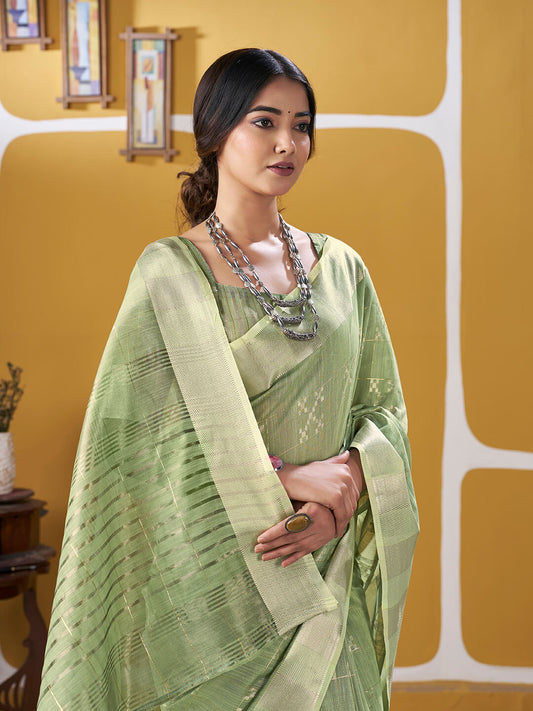 Exquisite Pista Zari Weaving Linen Silk Saree With Susurrous Blouse Piece
