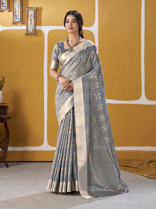 Enticing Silver Zari Weaving Linen Silk Saree With Serendipity Blouse Piece