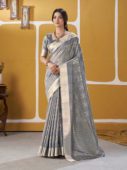 Enticing Silver Zari Weaving Linen Silk Saree With Serendipity Blouse Piece