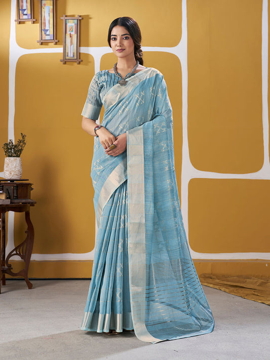 Elision Sky Zari Weaving Linen Silk Saree With Demure Blouse Piece