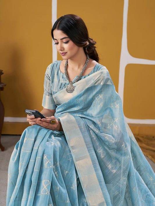 Elision Sky Zari Weaving Linen Silk Saree With Demure Blouse Piece