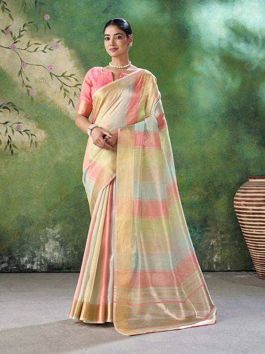 Piquant Multicolor Zari Weaving Linen Silk Saree With Engaging Blouse Piece