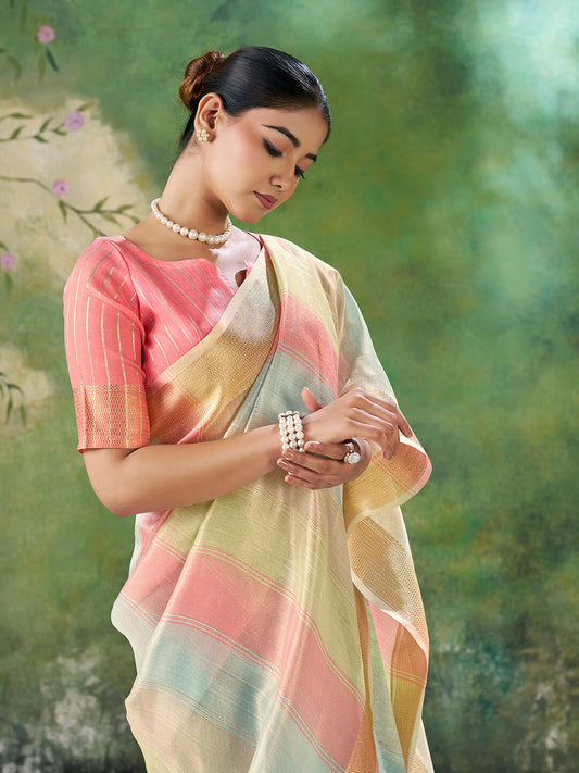 Piquant Multicolor Zari Weaving Linen Silk Saree With Engaging Blouse Piece