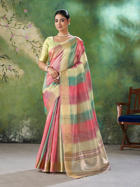Alluring Multicolor Zari Weaving Linen Silk Saree With Resonant Blouse Piece
