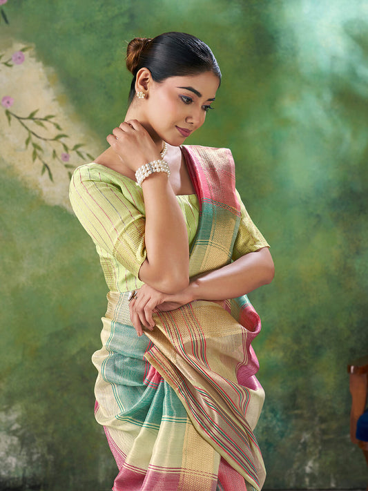 Alluring Multicolor Zari Weaving Linen Silk Saree With Resonant Blouse Piece