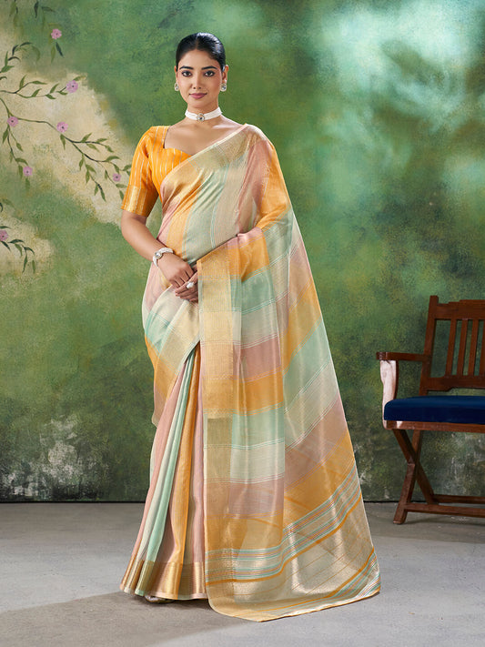 Gossamer Multicolor Zari Weaving Linen Silk Saree With Glittering Blouse Piece