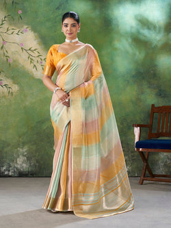 Gossamer Multicolor Zari Weaving Linen Silk Saree With Glittering Blouse Piece