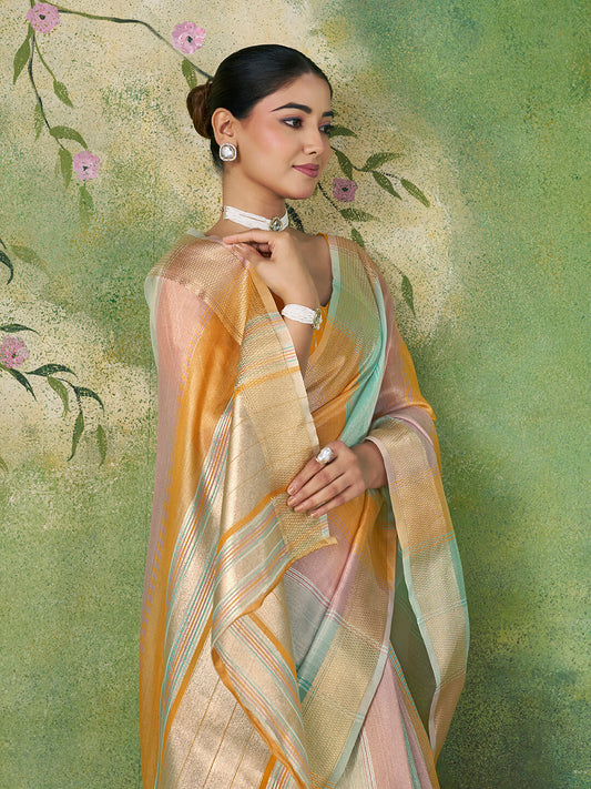 Gossamer Multicolor Zari Weaving Linen Silk Saree With Glittering Blouse Piece