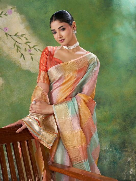 Forbearance Multicolor Zari Weaving Linen Silk Saree With Murmurous Blouse Piece