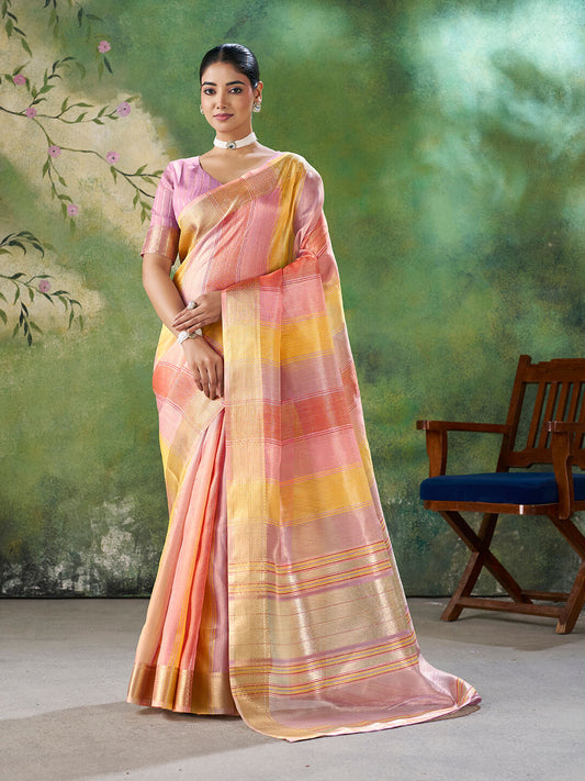 Surpassing Multicolor Zari Weaving Linen Silk Saree With Exemplary Blouse Piece