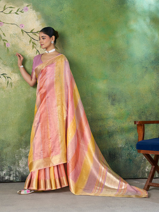 Surpassing Multicolor Zari Weaving Linen Silk Saree With Exemplary Blouse Piece