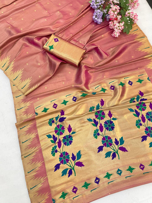 Ineffable Baby Pink Tissue Silk Paithani Saree With Sonorous Blouse Piece