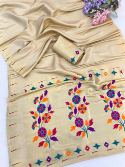 Luxuriant Beige Tissue Silk Paithani Saree With Flamboyant Blouse Piece