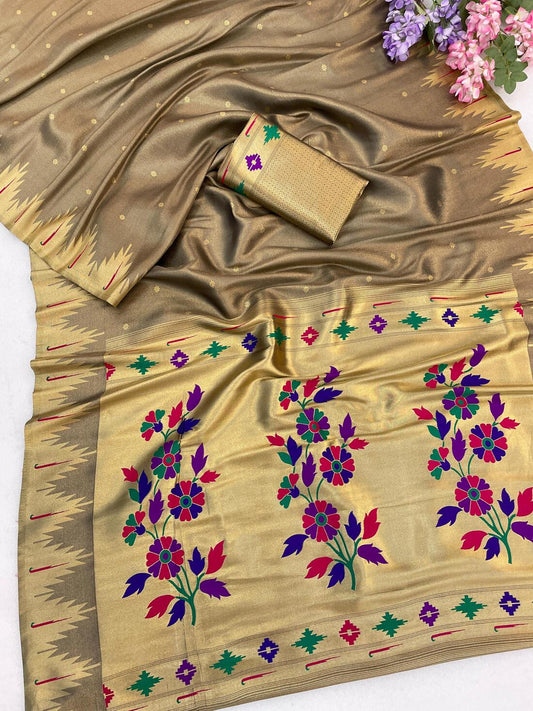 Amiable Grey Tissue Silk Paithani Saree With Charming Blouse Piece