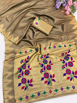 Amiable Grey Tissue Silk Paithani Saree With Charming Blouse Piece