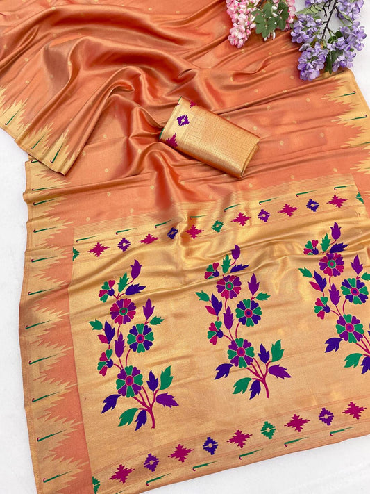 Entrancing Peach Tissue Silk Paithani Saree With Majesty Blouse Piece