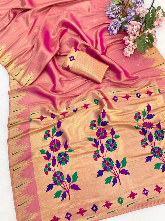 Fantabulous Pink Tissue Silk Paithani Saree With Diaphanous Blouse Piece