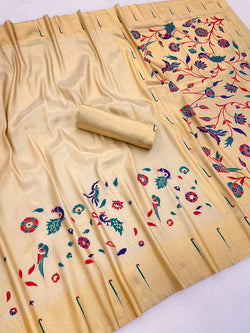 Elegant Beige Tissue Silk Paithani Saree With Effulgent Blouse Piece