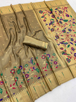 Moiety Grey Tissue Silk Paithani Saree With Grandiose Blouse Piece