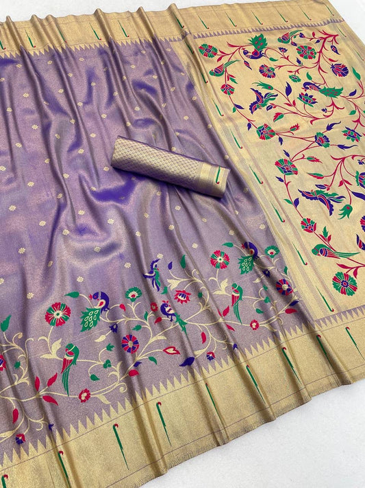 Staring Lavender Tissue Silk Paithani Saree With Ethereal Blouse Piece