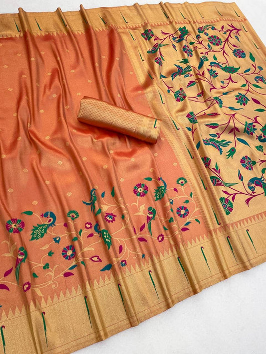 Flameboyant Peach Tissue Silk Paithani Saree With Pleasurable Blouse Piece
