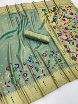 Tantalizing Pista Tissue Silk Paithani Saree With Lustrous Blouse Piece