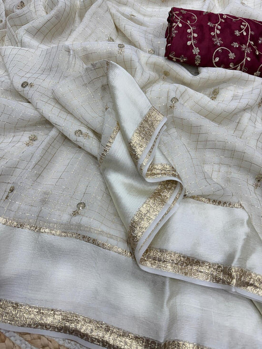 Luminous Off White Sequence Work Viscose Georgette Saree With Scintillating Blouse Piece