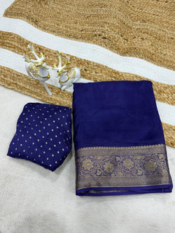 Splendorous Navy Blue Pure Zari Weaving Banarasi Silk Saree With Nebula Blouse Piece