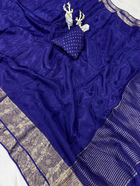 Splendorous Navy Blue Pure Zari Weaving Banarasi Silk Saree With Nebula Blouse Piece