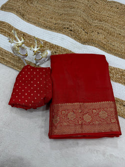 Fairytale Red Pure Zari Weaving Banarasi Silk Saree With Fragrant Blouse Piece