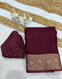 Classy Wine Pure Zari Weaving Banarasi Silk Saree With Exuberant Blouse Piece