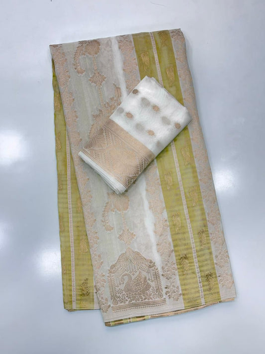 Arresting Beige Banarasi Tissue Silk Saree With Profuse Blouse Piece